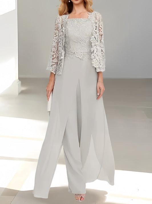 Mother of the Bride Pants Set with Jacket and Side Slit – to Floor in Silver Gray