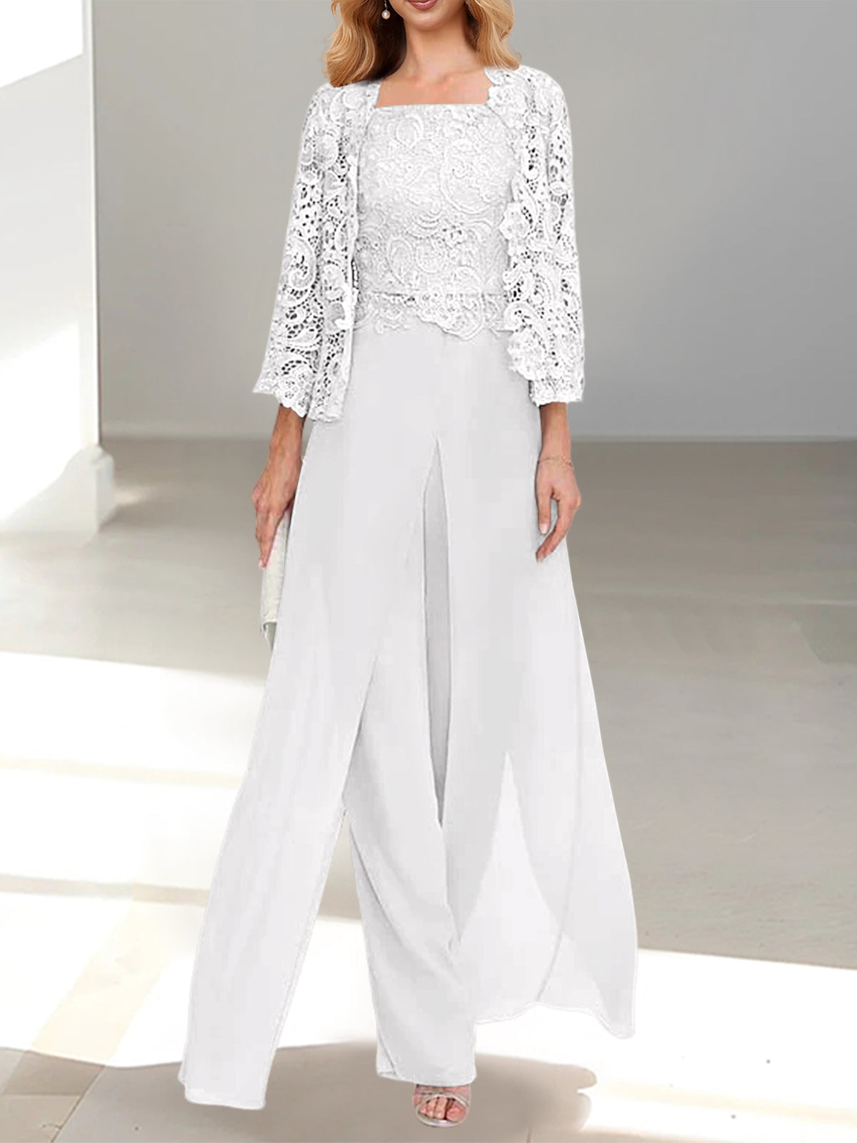 Mother of the Bride Pants Set with Jacket and Side Slit – to Floor in Silver Gray
