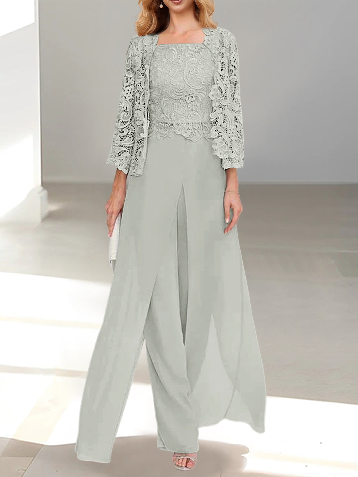 Mother of the Bride Pants Set with Jacket and Side Slit – to Floor in Silver Gray