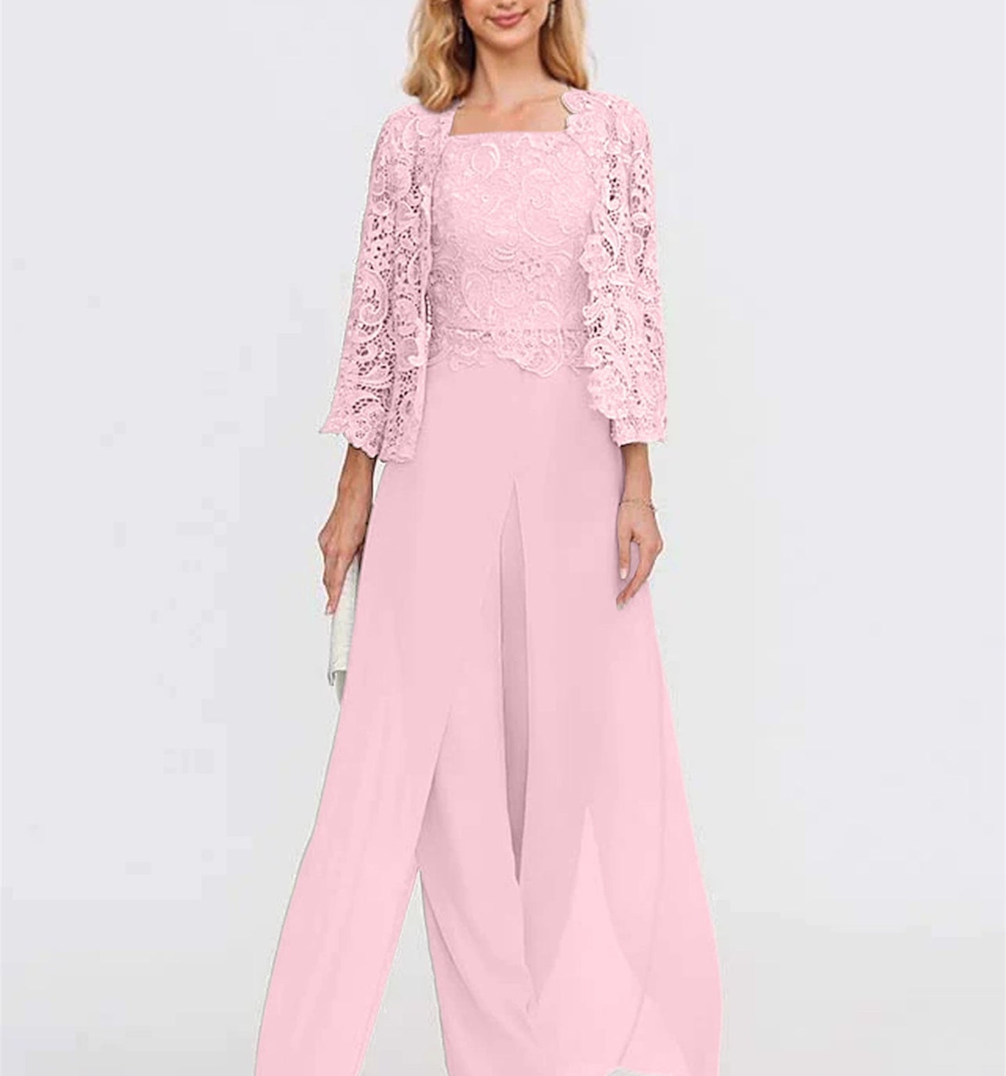 Mother of the Bride Pants Set with Jacket and Side Slit – to Floor in Silver Gray