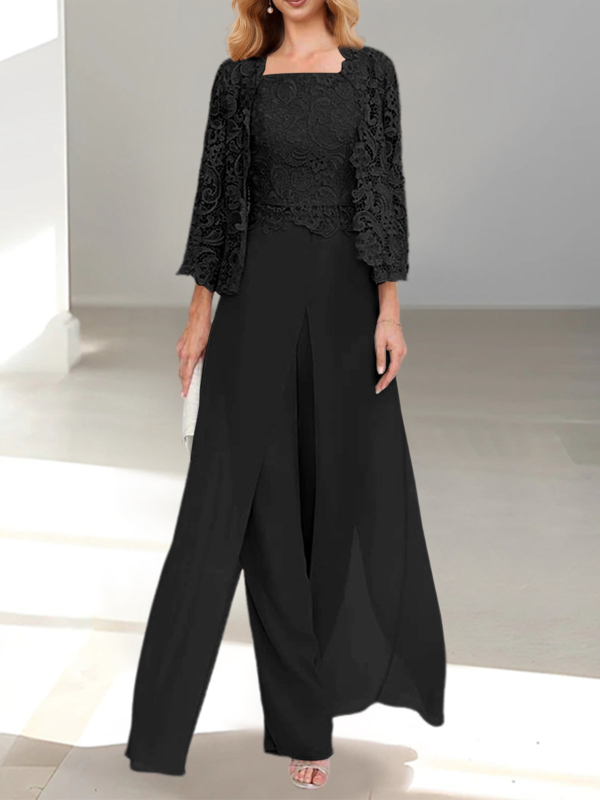 Mother of the Bride Pants Set with Jacket and Side Slit – to Floor in Silver Gray