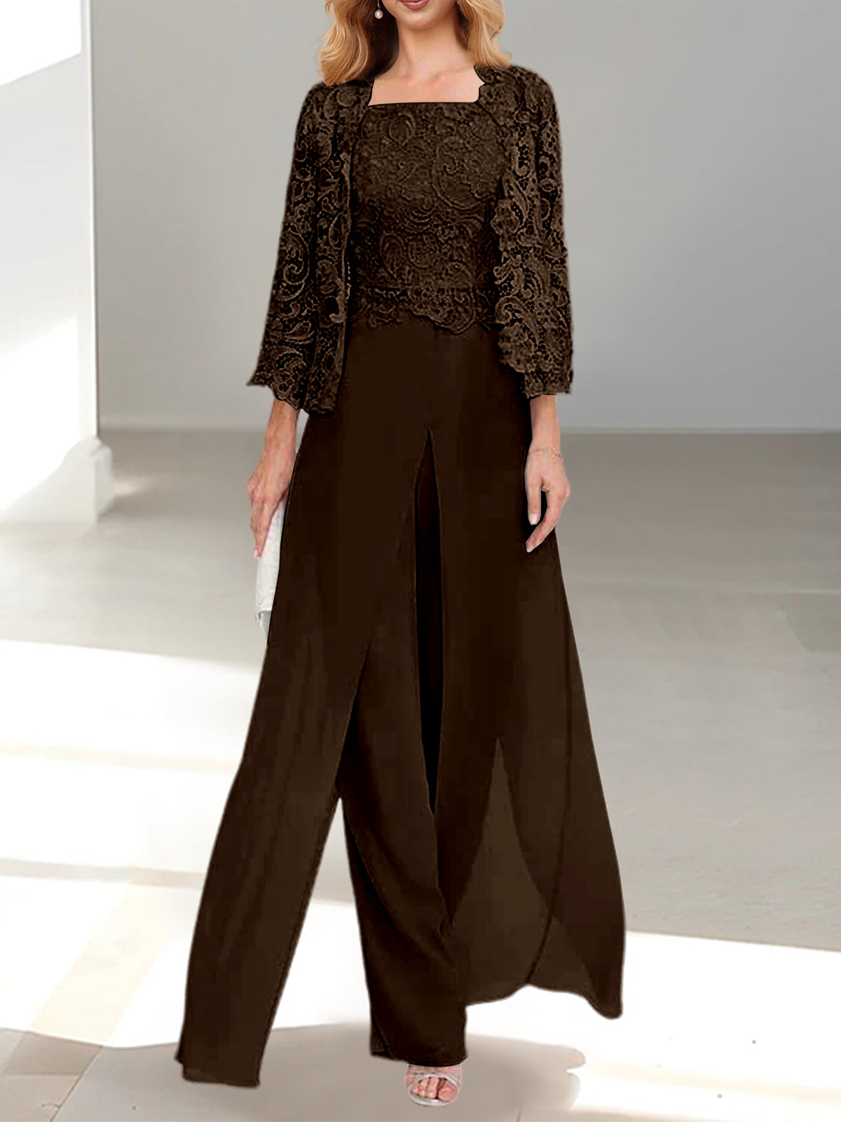 Mother of the Bride Pants Set with Jacket and Side Slit – to Floor in Silver Gray