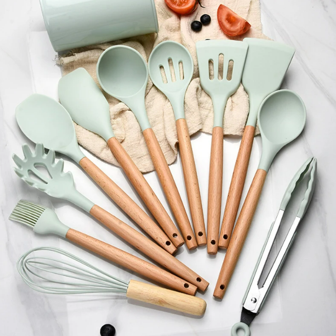 Non-Toxic BPA-Free Silicone Cooking Utensil Set with Wooden Handles