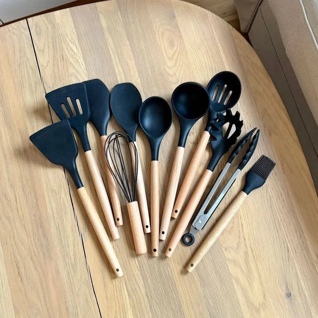 Non-Toxic BPA-Free Silicone Cooking Utensil Set with Wooden Handles