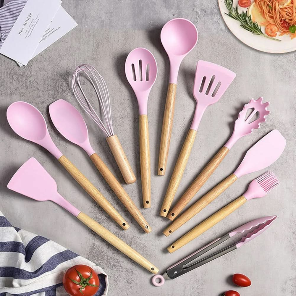 Non-Toxic BPA-Free Silicone Cooking Utensil Set with Wooden Handles
