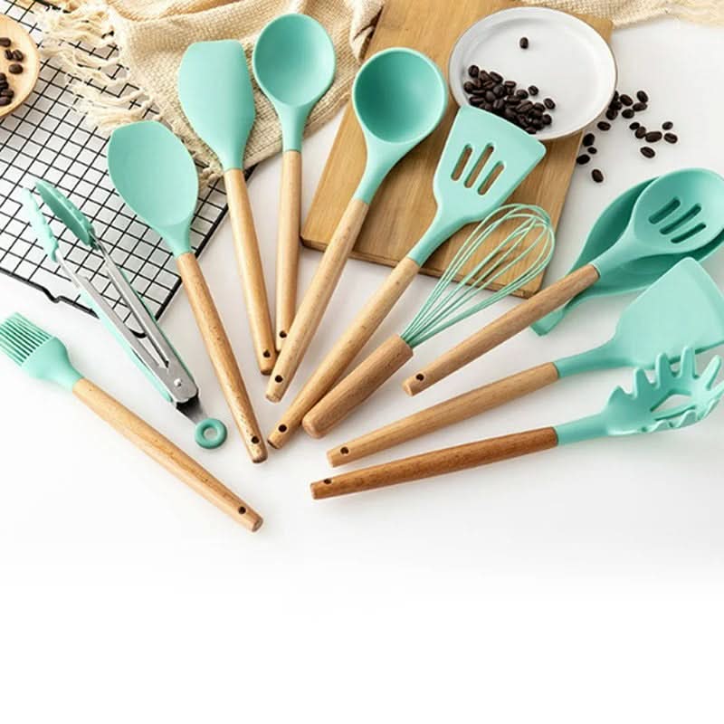 Non-Toxic BPA-Free Silicone Cooking Utensil Set with Wooden Handles