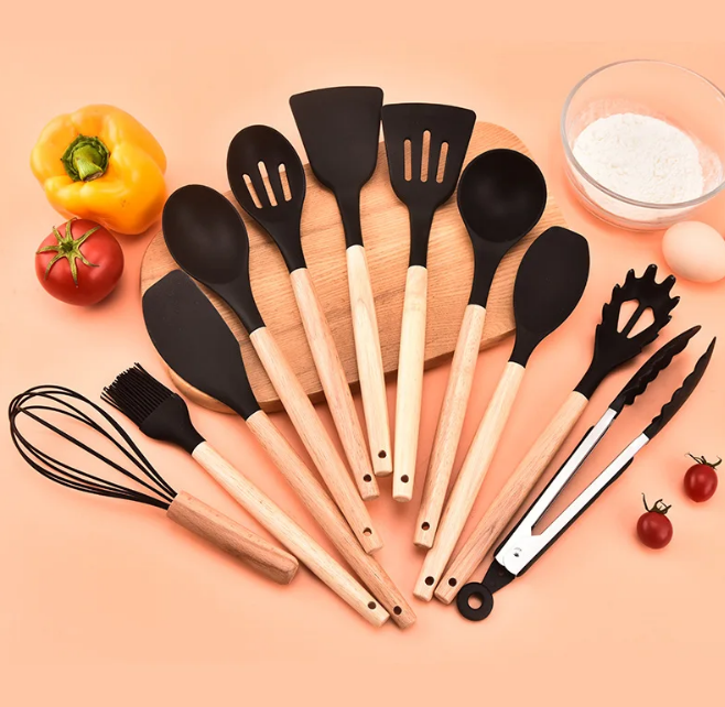 Non-Toxic BPA-Free Silicone Cooking Utensil Set with Wooden Handles