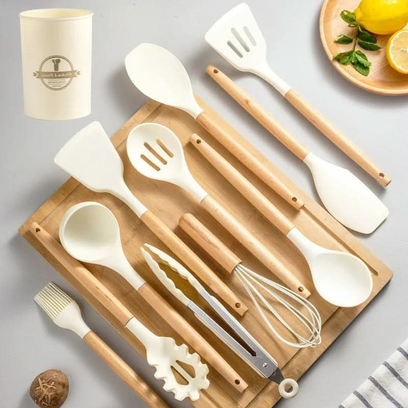 Non-Toxic BPA-Free Silicone Cooking Utensil Set with Wooden Handles