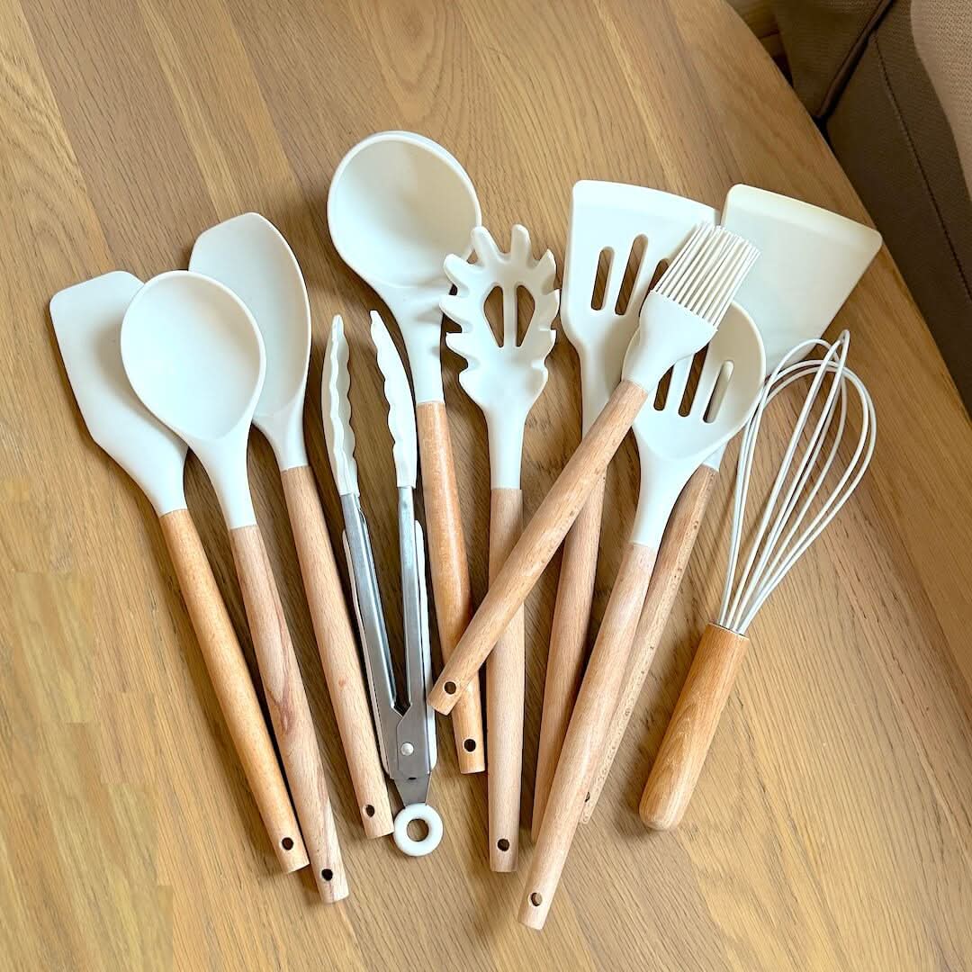 Non-Toxic BPA-Free Silicone Cooking Utensil Set with Wooden Handles