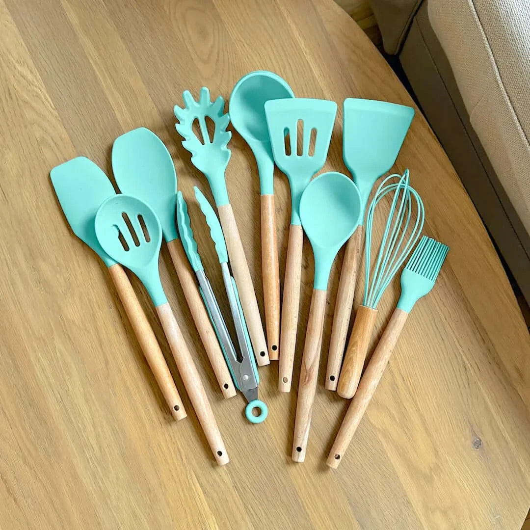 Non-Toxic BPA-Free Silicone Cooking Utensil Set with Wooden Handles