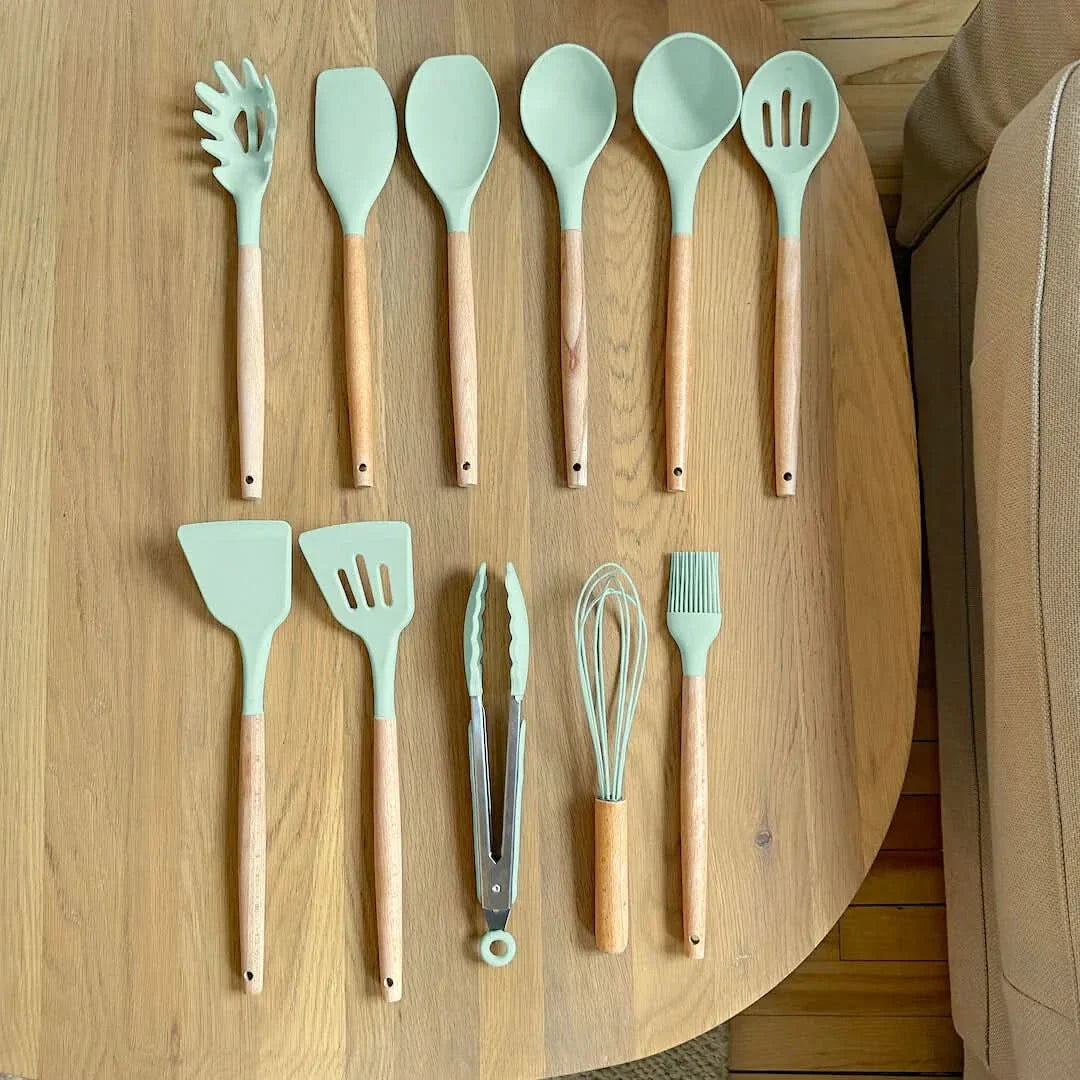 Non-Toxic BPA-Free Silicone Cooking Utensil Set with Wooden Handles
