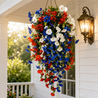 Patriotic Hanging Flower Basket with LED Lights, Red White Blue Silk Blooms for July 4th Porch Decor