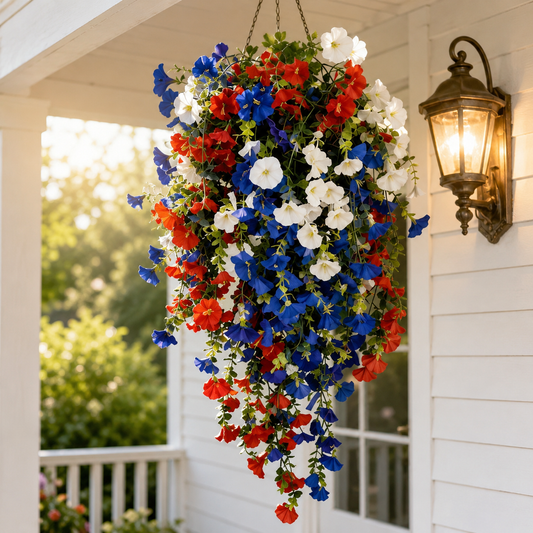 Patriotic Hanging Flower Basket with LED Lights, Red White Blue Silk Blooms for July 4th Porch Decor