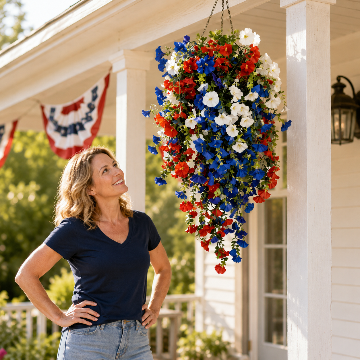 Patriotic Hanging Flower Basket with LED Lights, Red White Blue Silk Blooms for July 4th Porch Decor