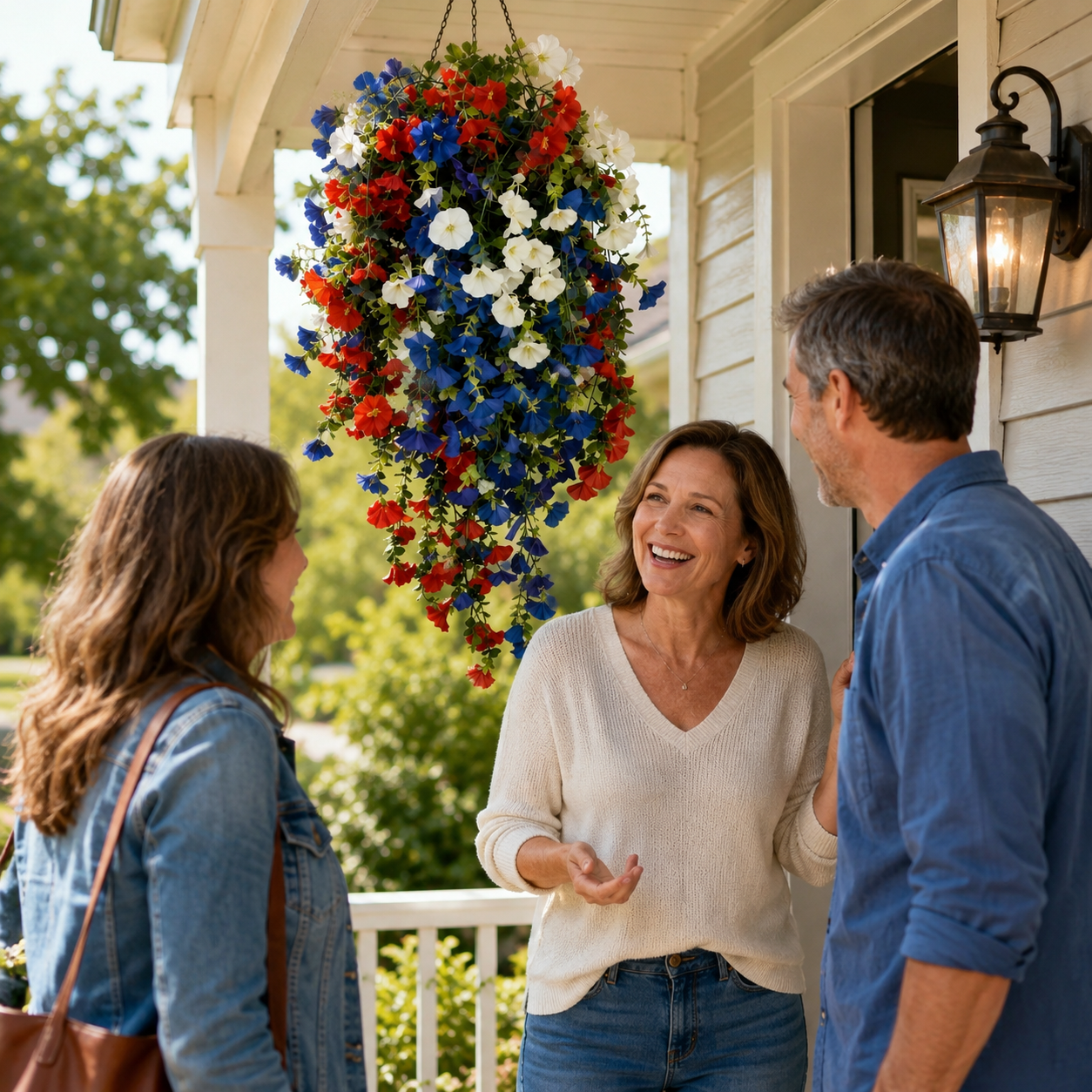 Patriotic Hanging Flower Basket with LED Lights, Red White Blue Silk Blooms for July 4th Porch Decor