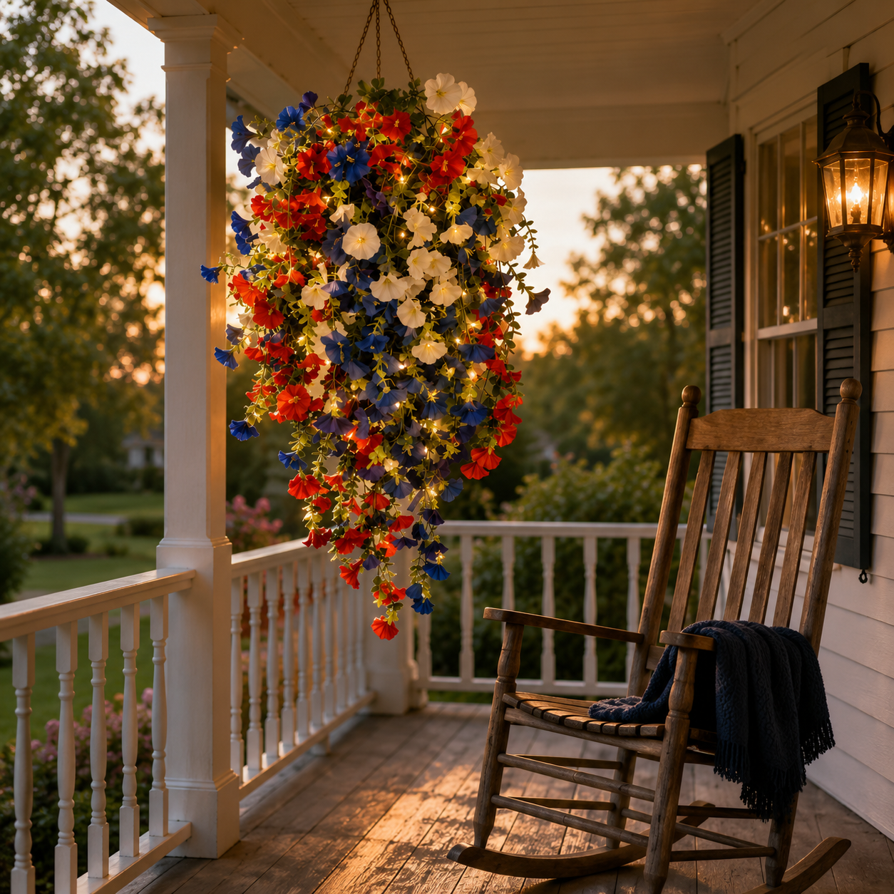 Patriotic Hanging Flower Basket with LED Lights, Red White Blue Silk Blooms for July 4th Porch Decor