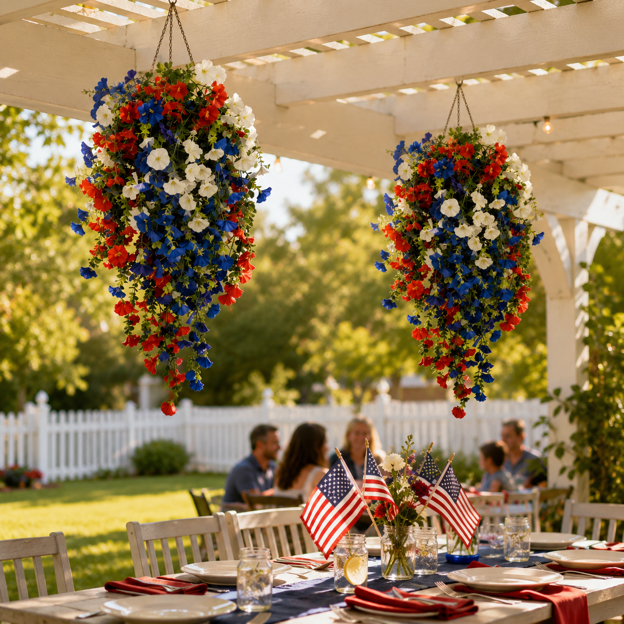 Patriotic Hanging Flower Basket with LED Lights, Red White Blue Silk Blooms for July 4th Porch Decor