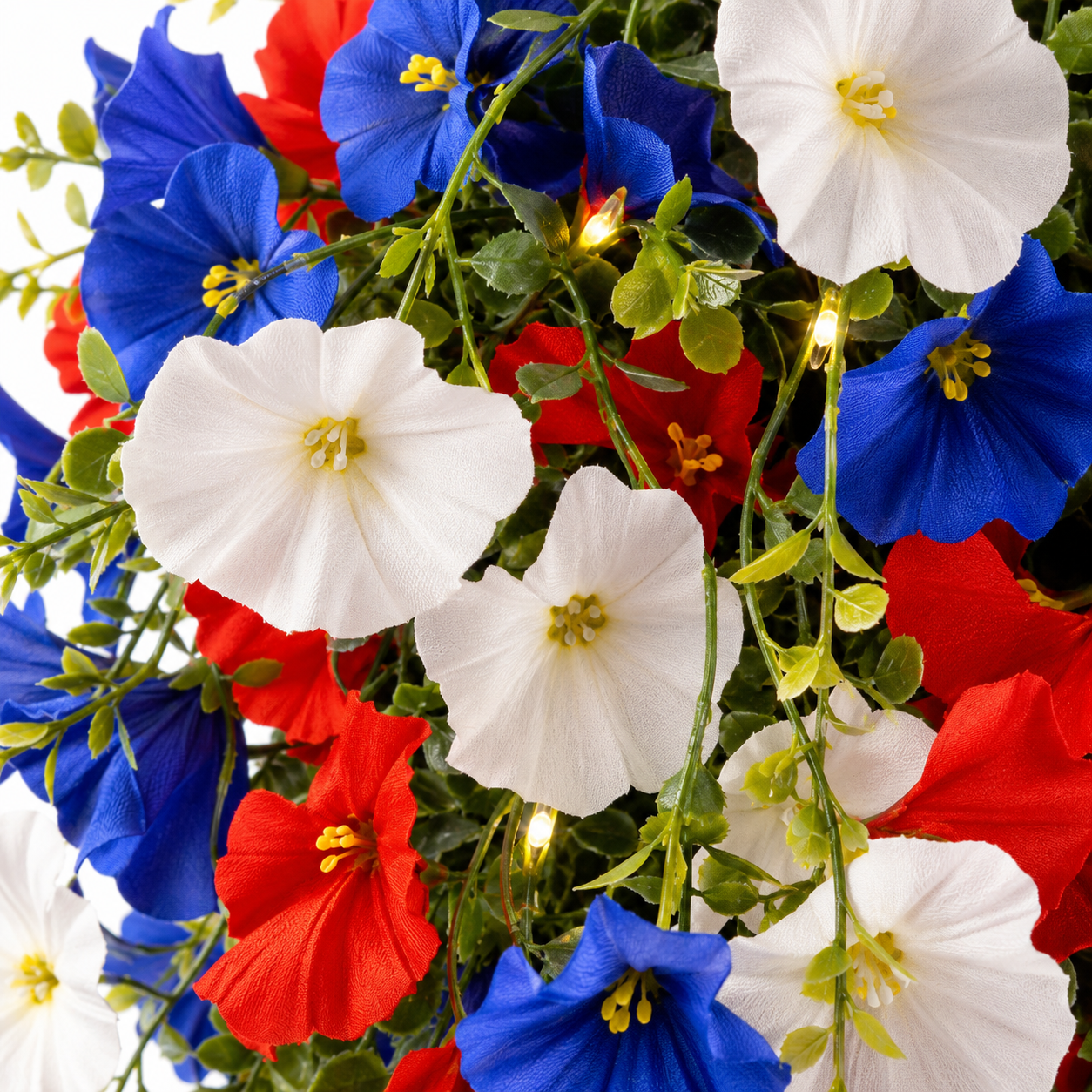 Patriotic Hanging Flower Basket with LED Lights, Red White Blue Silk Blooms for July 4th Porch Decor