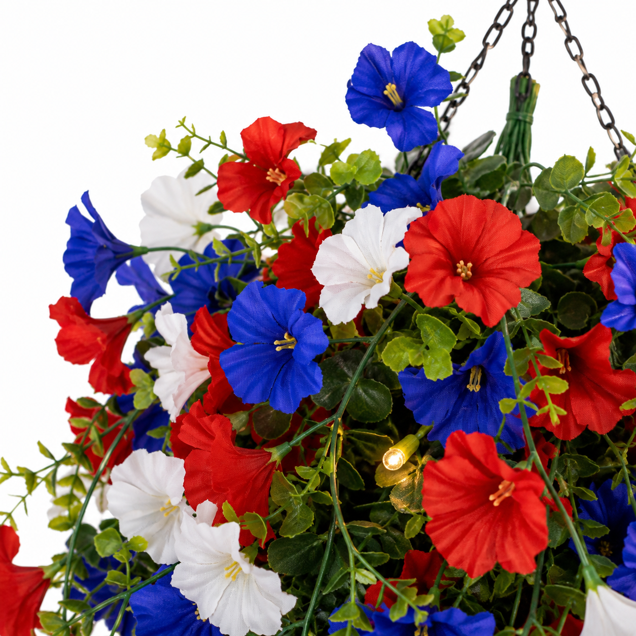 Patriotic Hanging Flower Basket with LED Lights, Red White Blue Silk Blooms for July 4th Porch Decor