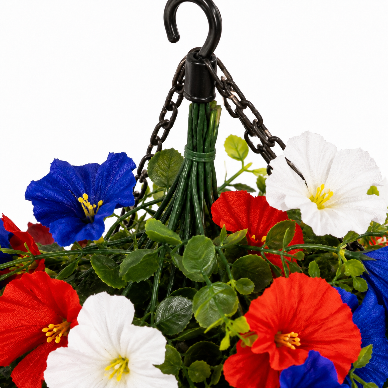 Patriotic Hanging Flower Basket with LED Lights, Red White Blue Silk Blooms for July 4th Porch Decor