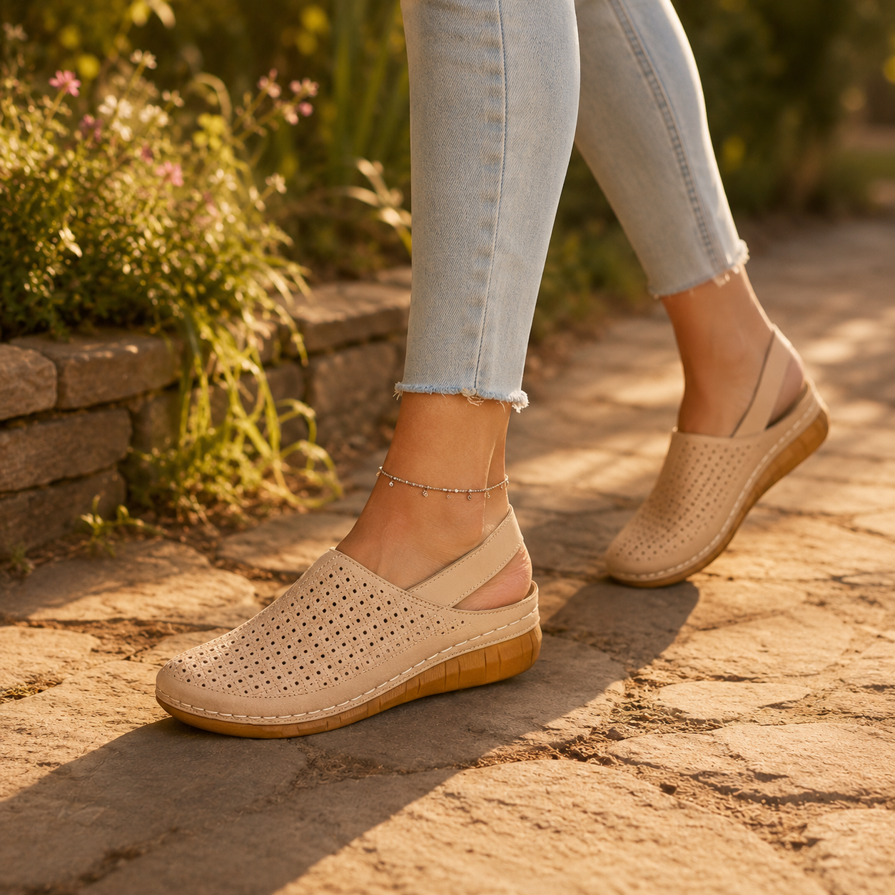 Perforated Wedge Slingback Comfort Sandals