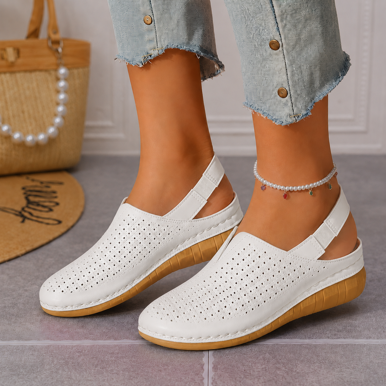 Perforated Wedge Slingback Comfort Sandals