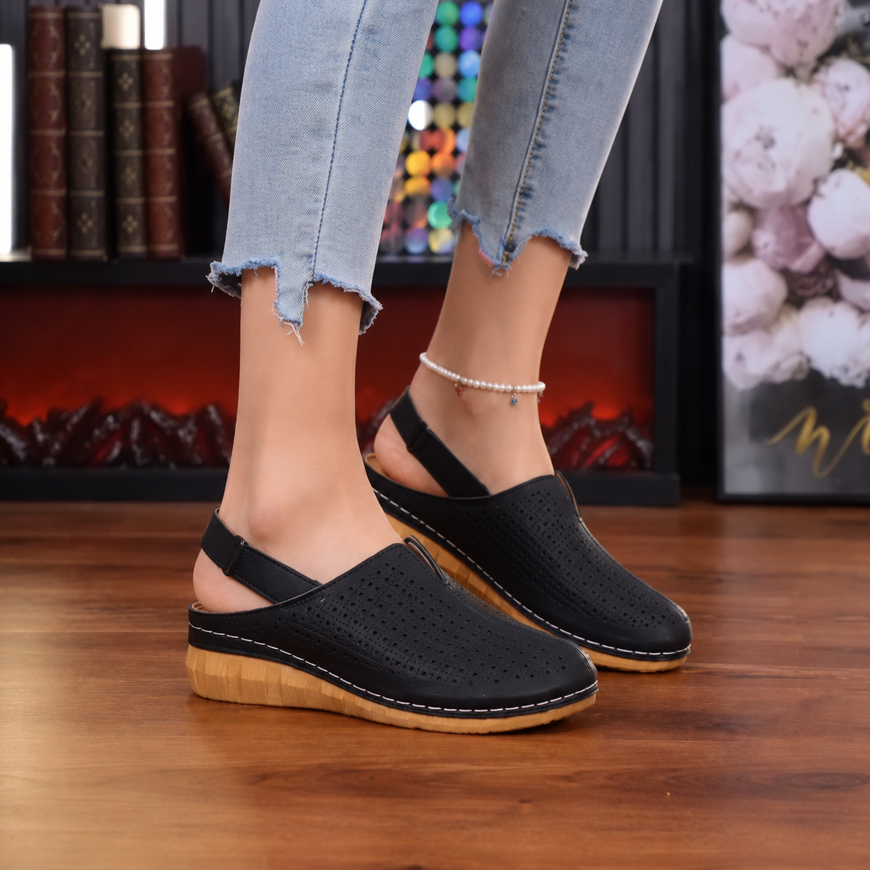Perforated Wedge Slingback Comfort Sandals