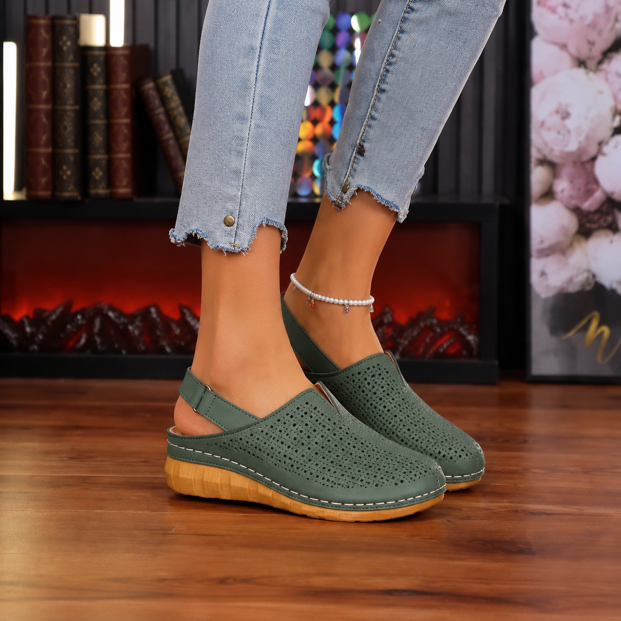 Perforated Wedge Slingback Comfort Sandals