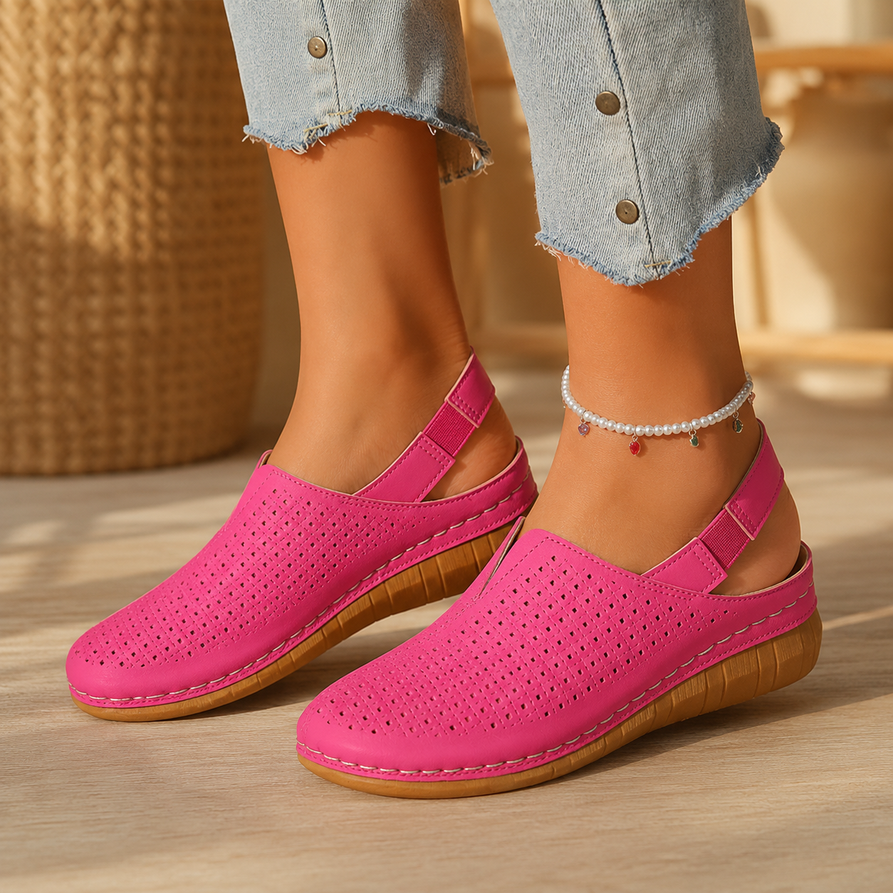 Perforated Wedge Slingback Comfort Sandals