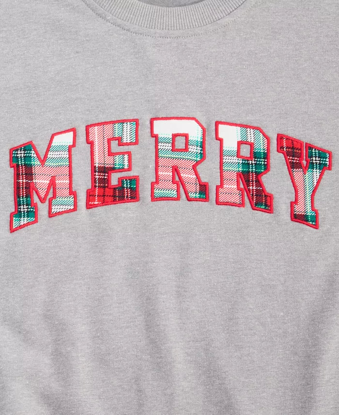Plaid Merry Appliqué Crew Neck Sweatshirt with Soft Stretch