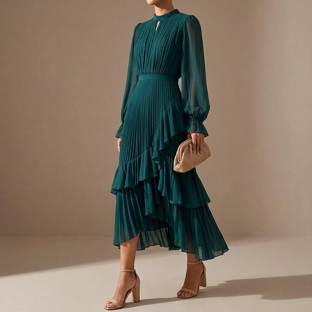 Pleated Ruffle Midi Dress
