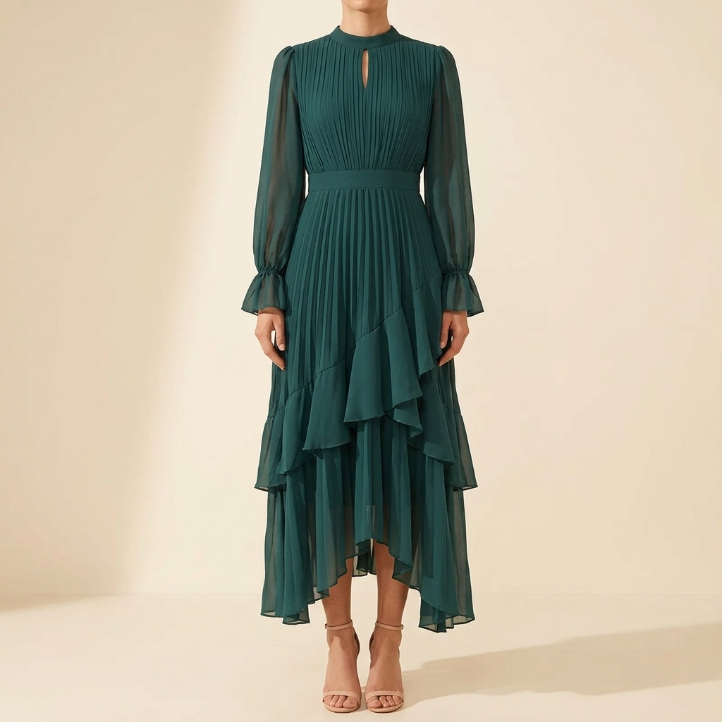 Pleated Ruffle Midi Dress