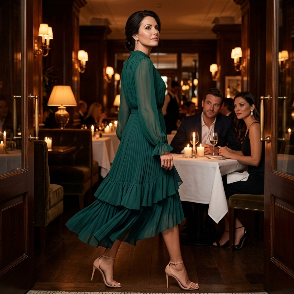Pleated Ruffle Midi Dress