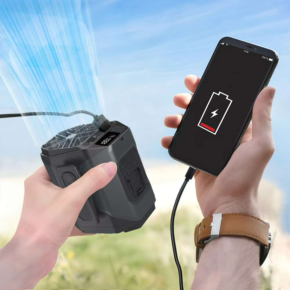 Portable Waist Fan – Hands-Free Cooling with Built-In Power Bank and LED Flashlight