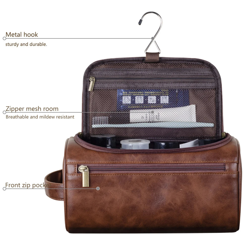 Premium Leather Toiletry Bag – Waterproof Hanging Travel Wash Bag