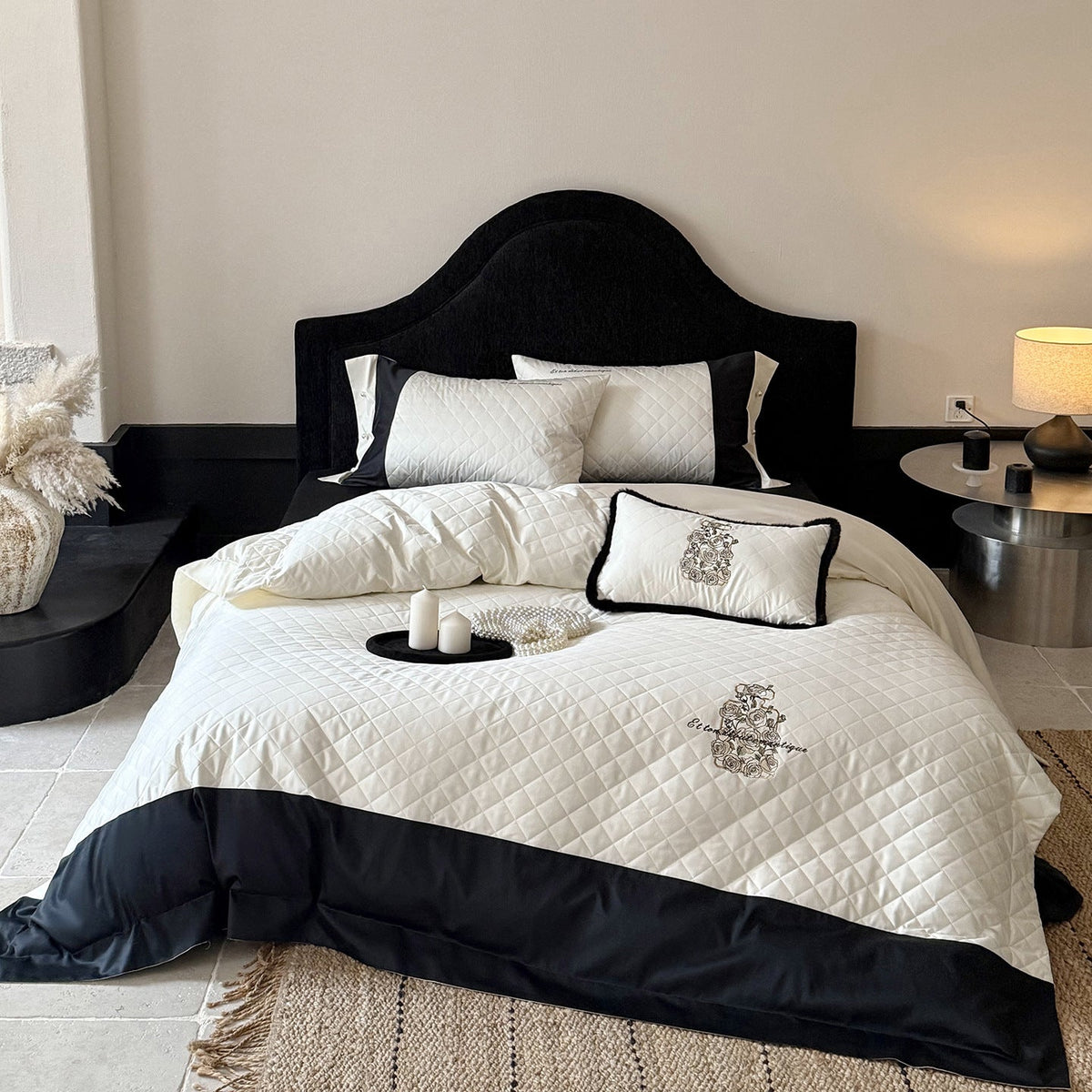 Quilted Cotton Sateen Bedding Set with Floral Embroidery and Contrasting Satin Edge