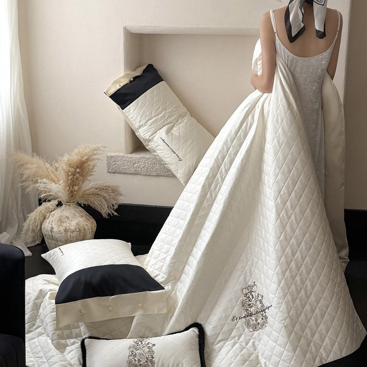 Quilted Cotton Sateen Bedding Set with Floral Embroidery and Contrasting Satin Edge