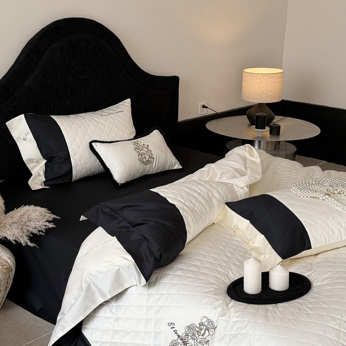 Quilted Cotton Sateen Bedding Set with Floral Embroidery and Contrasting Satin Edge