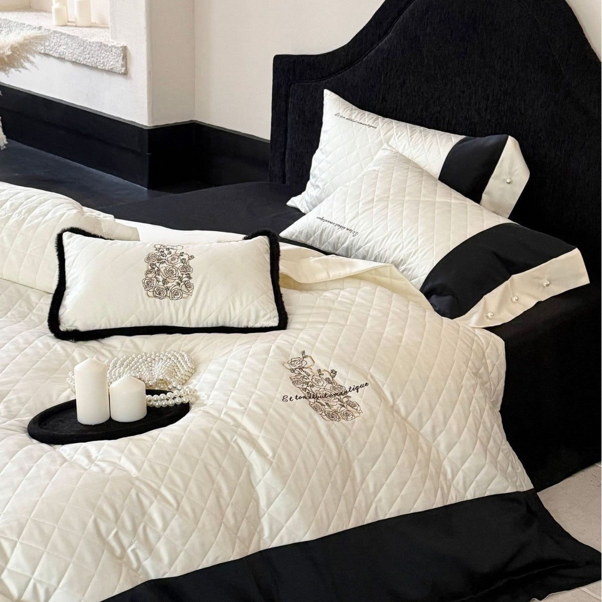 Quilted Cotton Sateen Bedding Set with Floral Embroidery and Contrasting Satin Edge