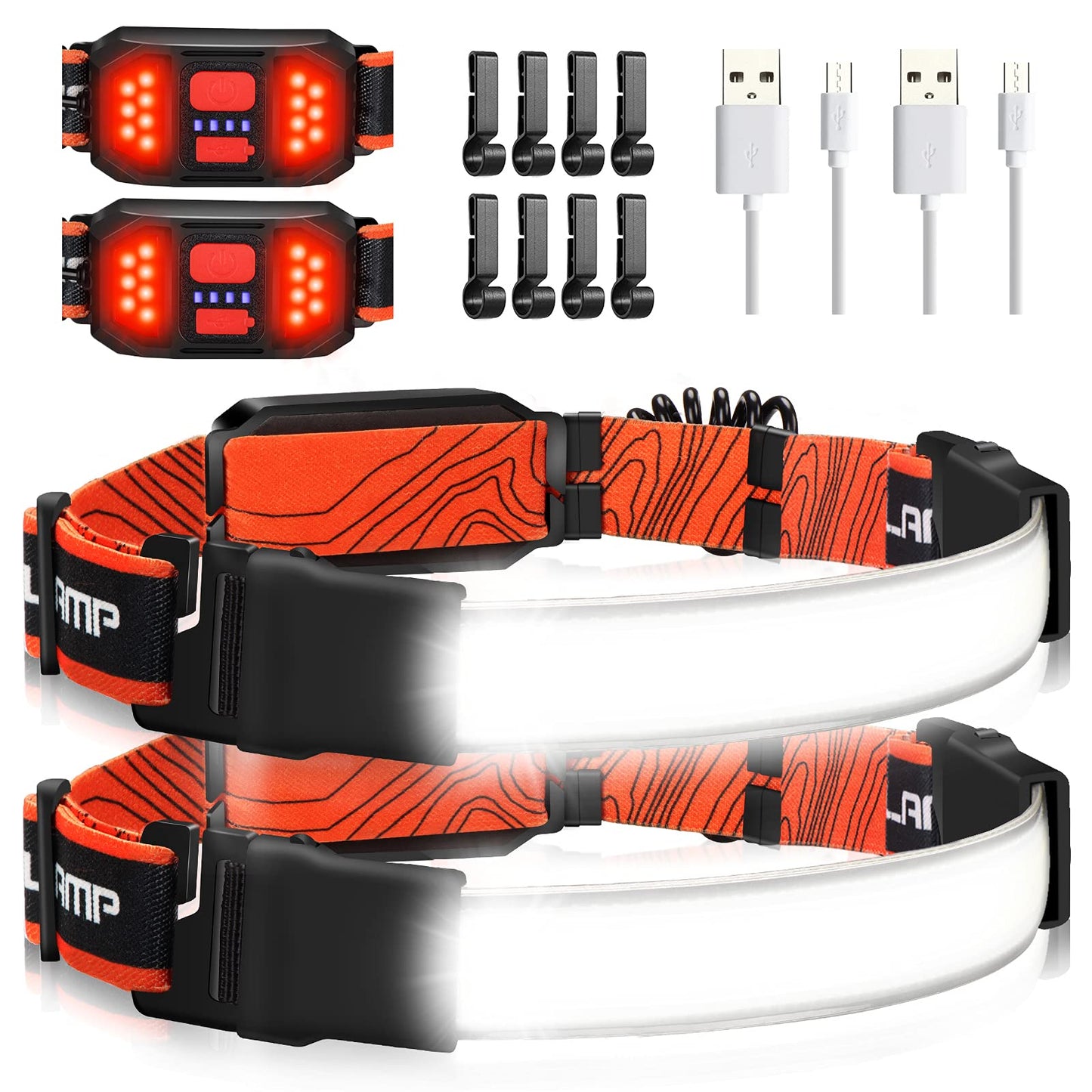 Rechargeable Headlamp 1000 Lumens, 230° Wide Angle, Waterproof, 2-Pack, Orange