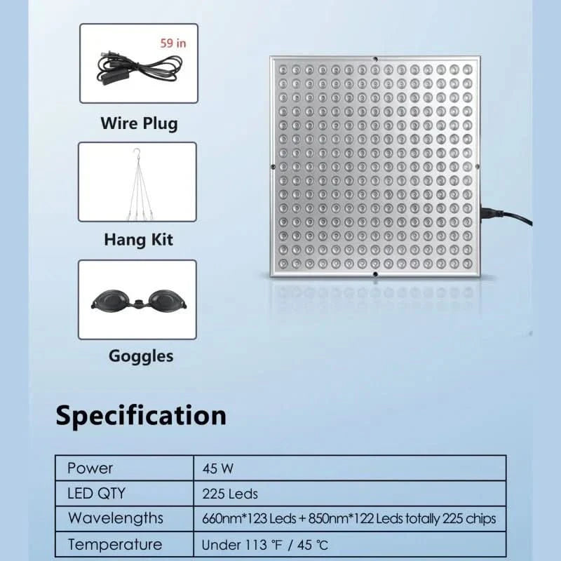 Red Light Therapy Panel with 225 LED Diodes – Skin Rejuvenation and Pain Relief, Handheld and Freestanding