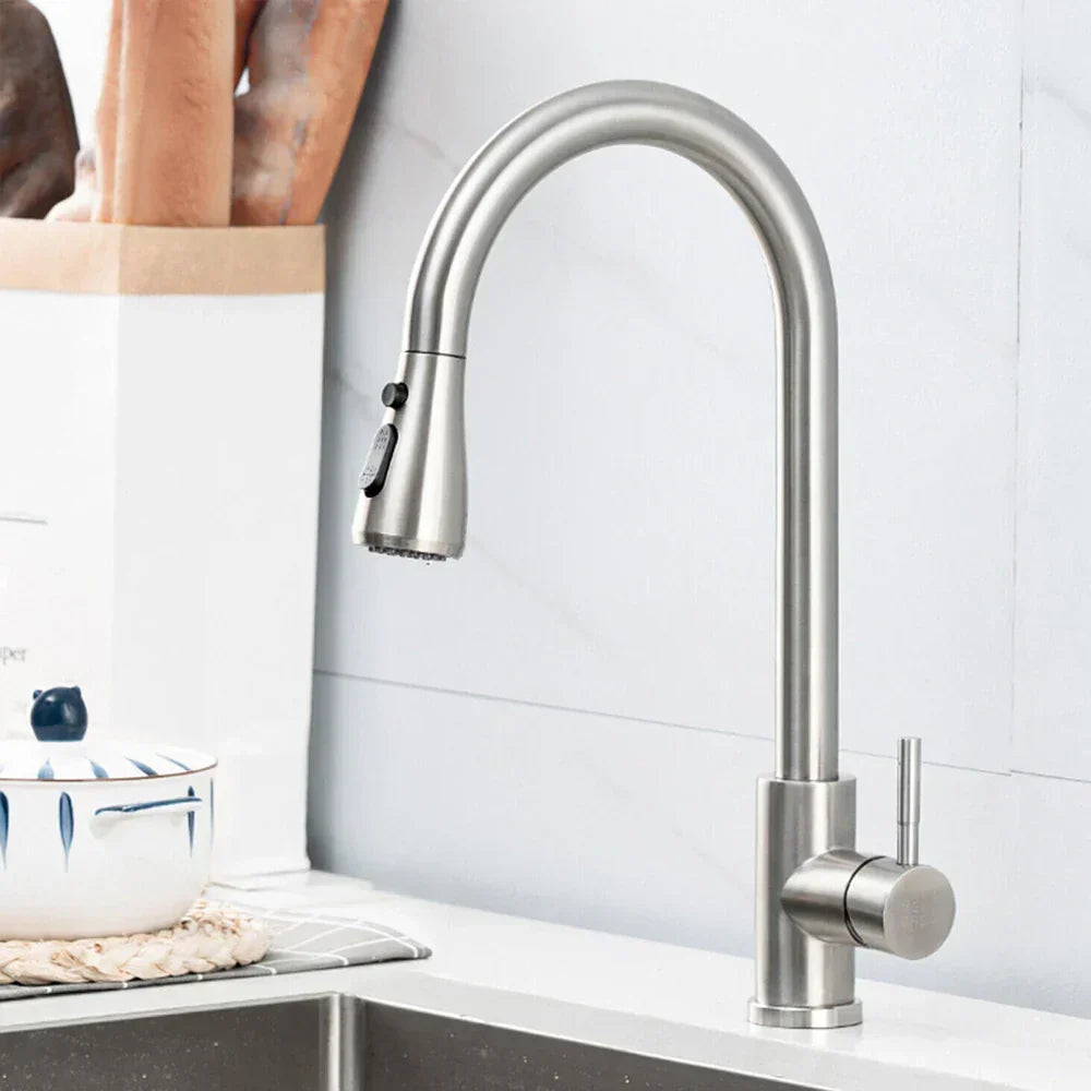 Retractable Faucet with Single Lever Mixer – Flexible Faucet with Shower Function, High Quality Stainless Steel, Ideal for Modern Kitchens, Easy Installation