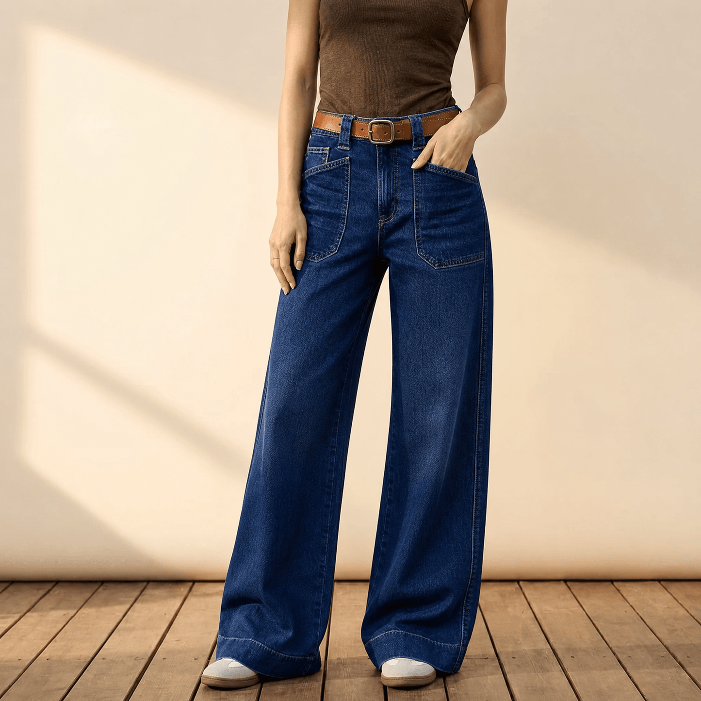 Retro Patch Pocket Wide Leg Jeans