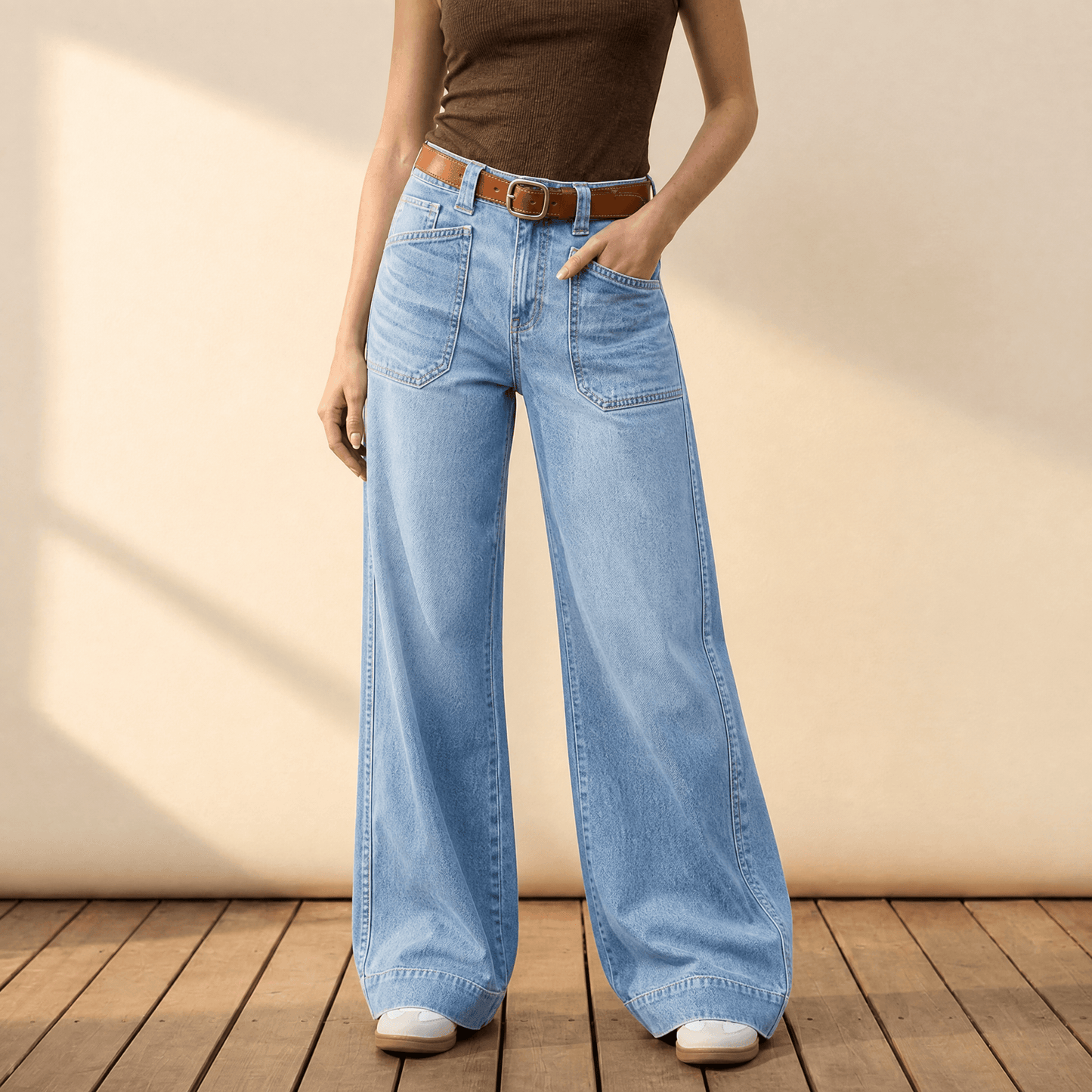 Retro Patch Pocket Wide Leg Jeans