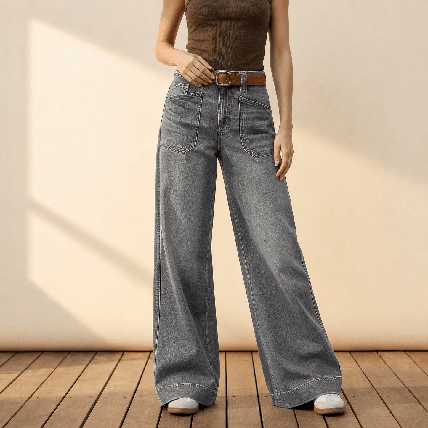 Retro Patch Pocket Wide Leg Jeans
