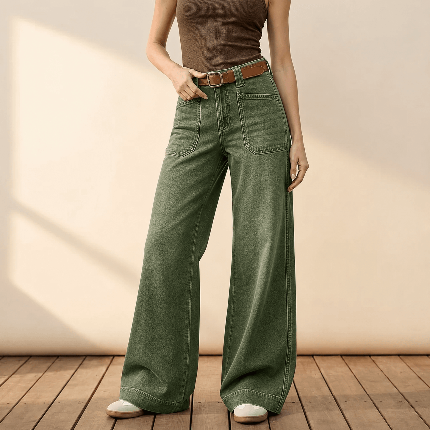Retro Patch Pocket Wide Leg Jeans