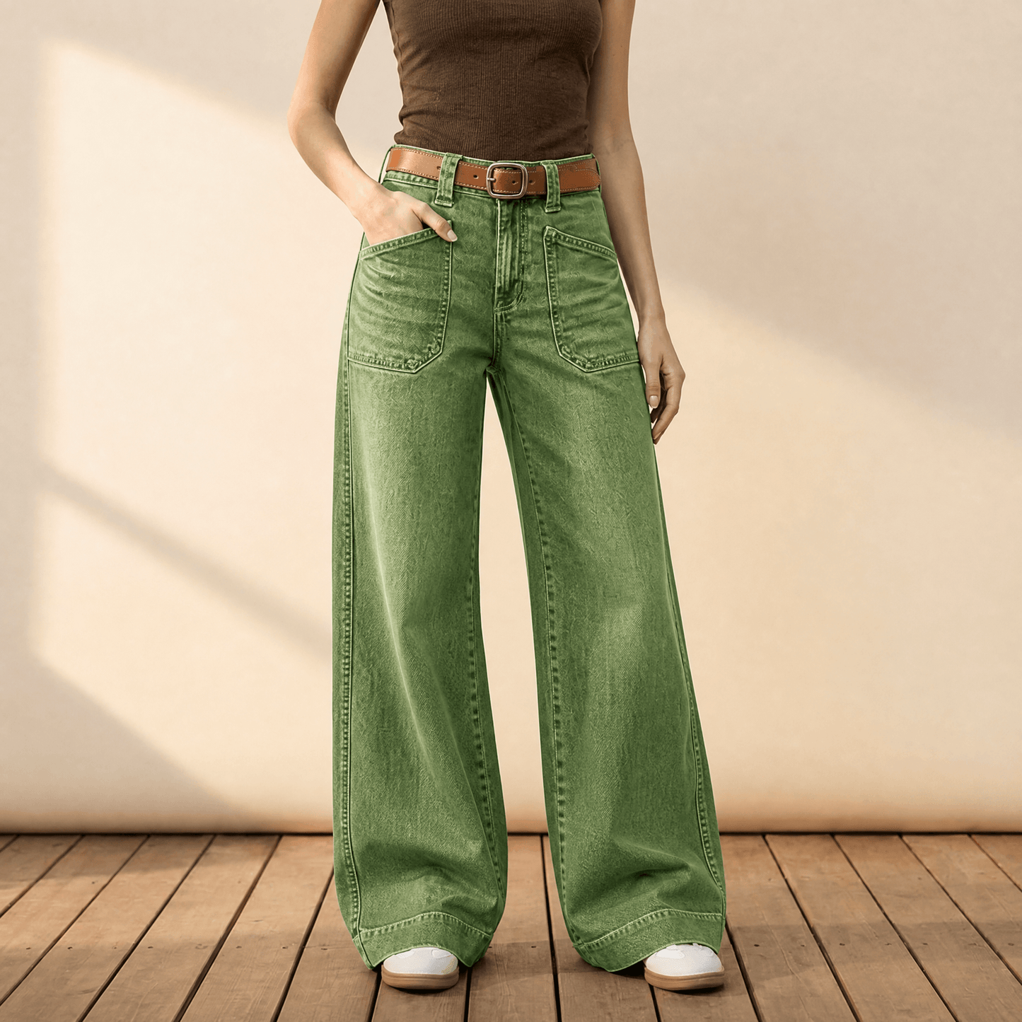 Retro Patch Pocket Wide Leg Jeans