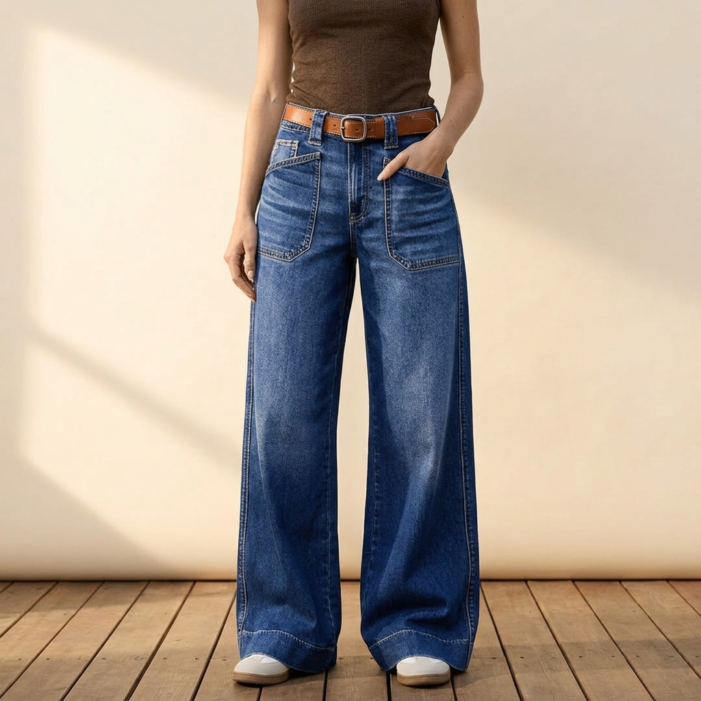 Retro Patch Pocket Wide Leg Jeans