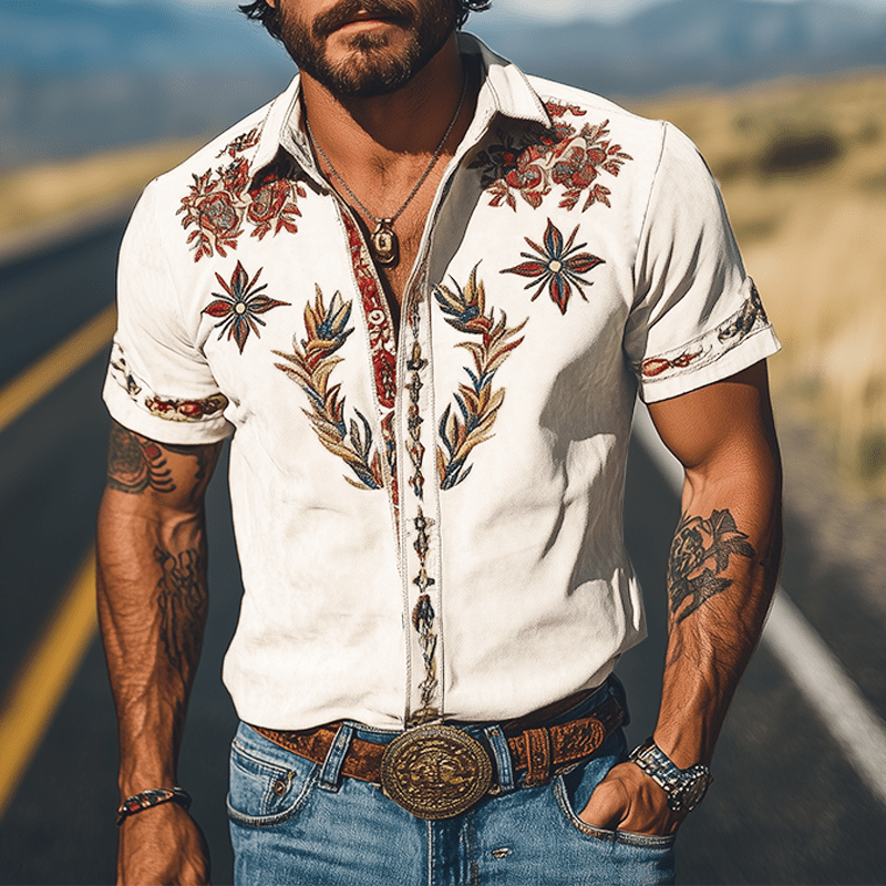 Retro Western Embroidered Short Sleeve Shirt