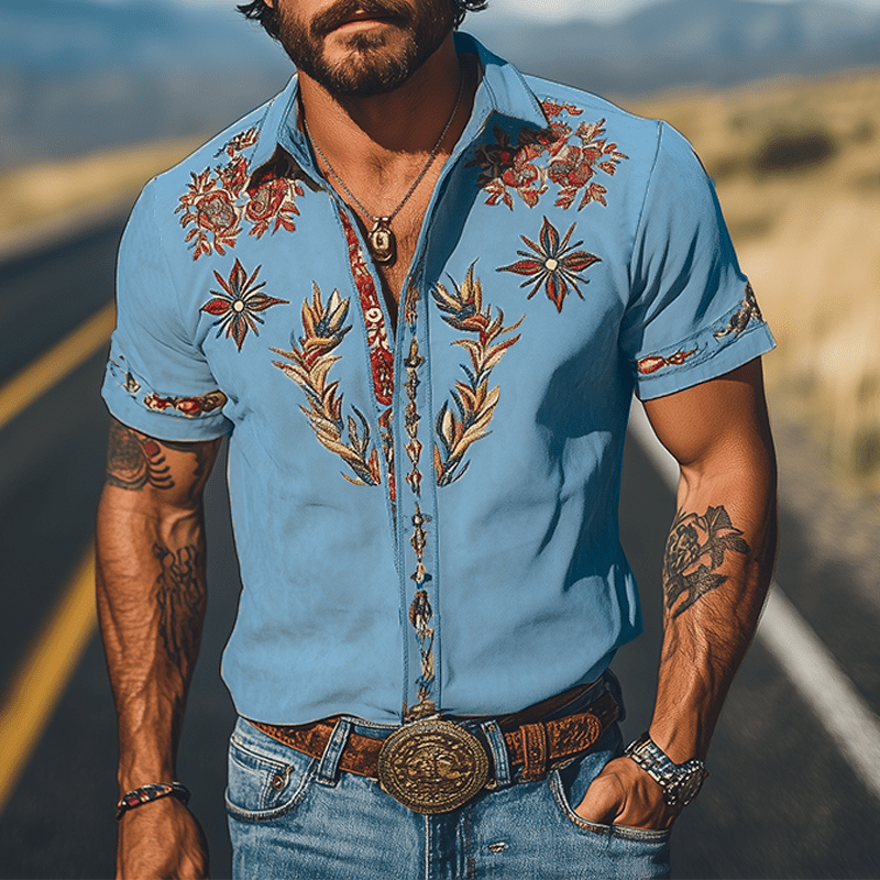Retro Western Embroidered Short Sleeve Shirt